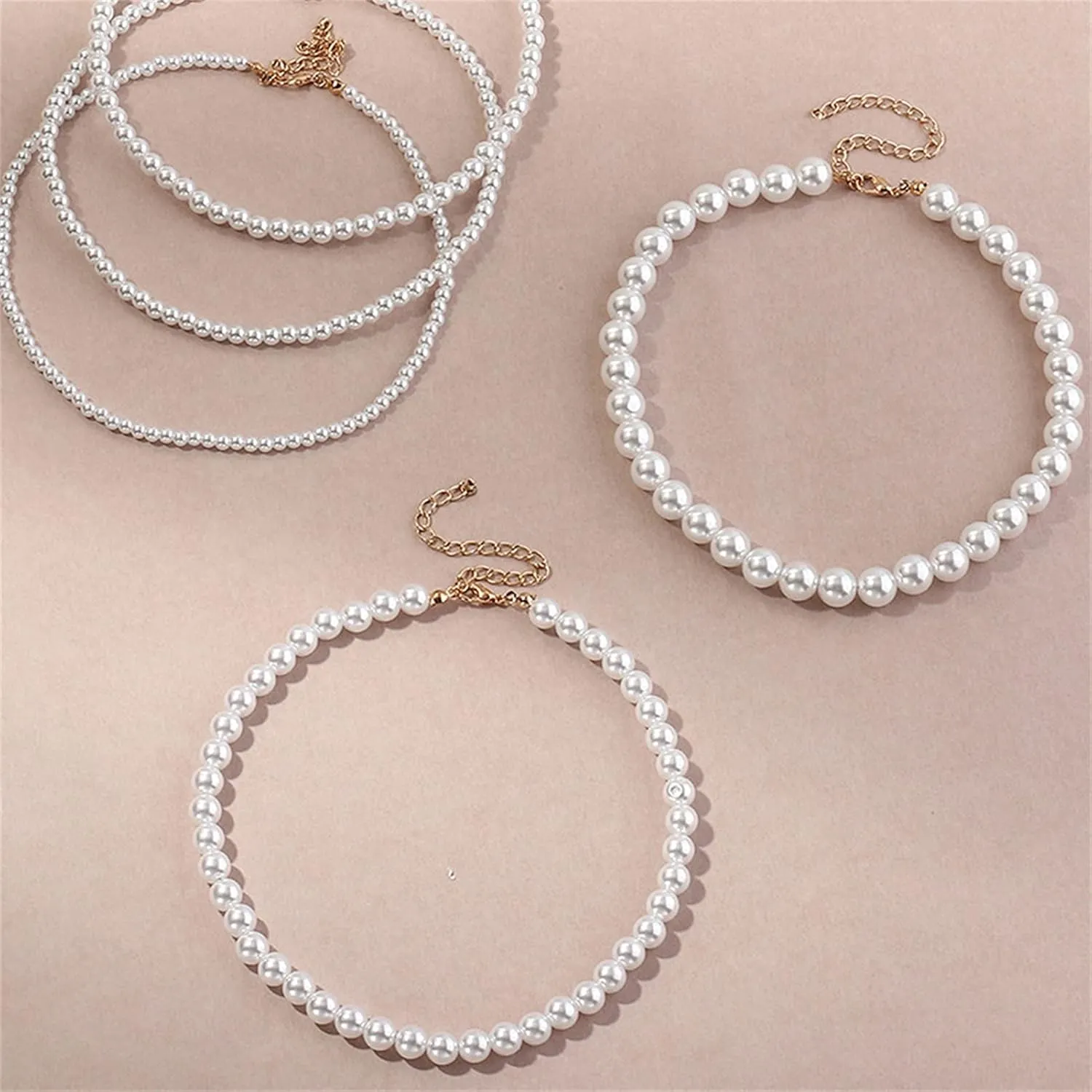 1-5Pcs Multi Size Minimalist Pearl Beads Adjustable Chain Necklaces Bohemian Stackable Artificial Pearl Beaded Chokers Dainty Layered Necklace Jewelry Gifts for Women