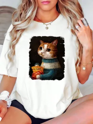 100% Cotton Cheeto Cat Art T-Shirt, Versatile Homme Breathable Summer For Women Graphic Streetwear Slightly Casual Stretched Fashion Soft Stylish Designer Clothes Print Round Neck Short Sleeve Top For Everyday Wear Comfortable