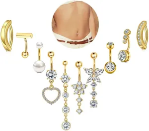 10Pcs Gold Belly Button Ring Dangle for Women Hypoallergenic 14G Surgical Stainless Steel Belly Button Piercing Dangling Belly Rings Butterfly Heart Pearl Dangly Navel Piercings Pack Belly Piercing Jewelry