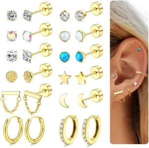 12 Pairs Flat Back Earrings for Women Conch Helix Cartilage Hoop Earrings Stainless Steel Earrings Set for Multiple Piercing 18K Gold Plated Opal Ball CZ Flat Back Stud Earrings
