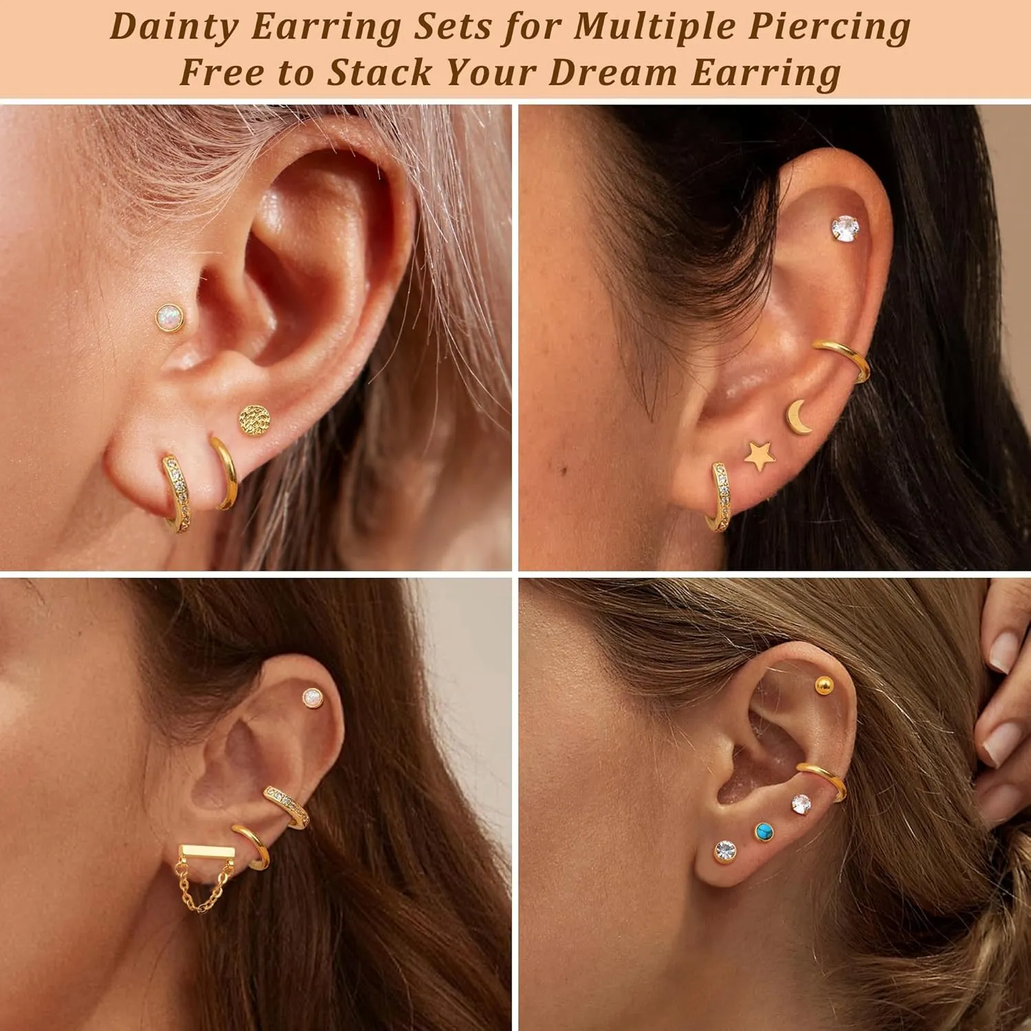 12 Pairs Flat Back Earrings for Women Conch Helix Cartilage Hoop Earrings Stainless Steel Earrings Set for Multiple Piercing 18K Gold Plated Opal Ball CZ Flat Back Stud Earrings