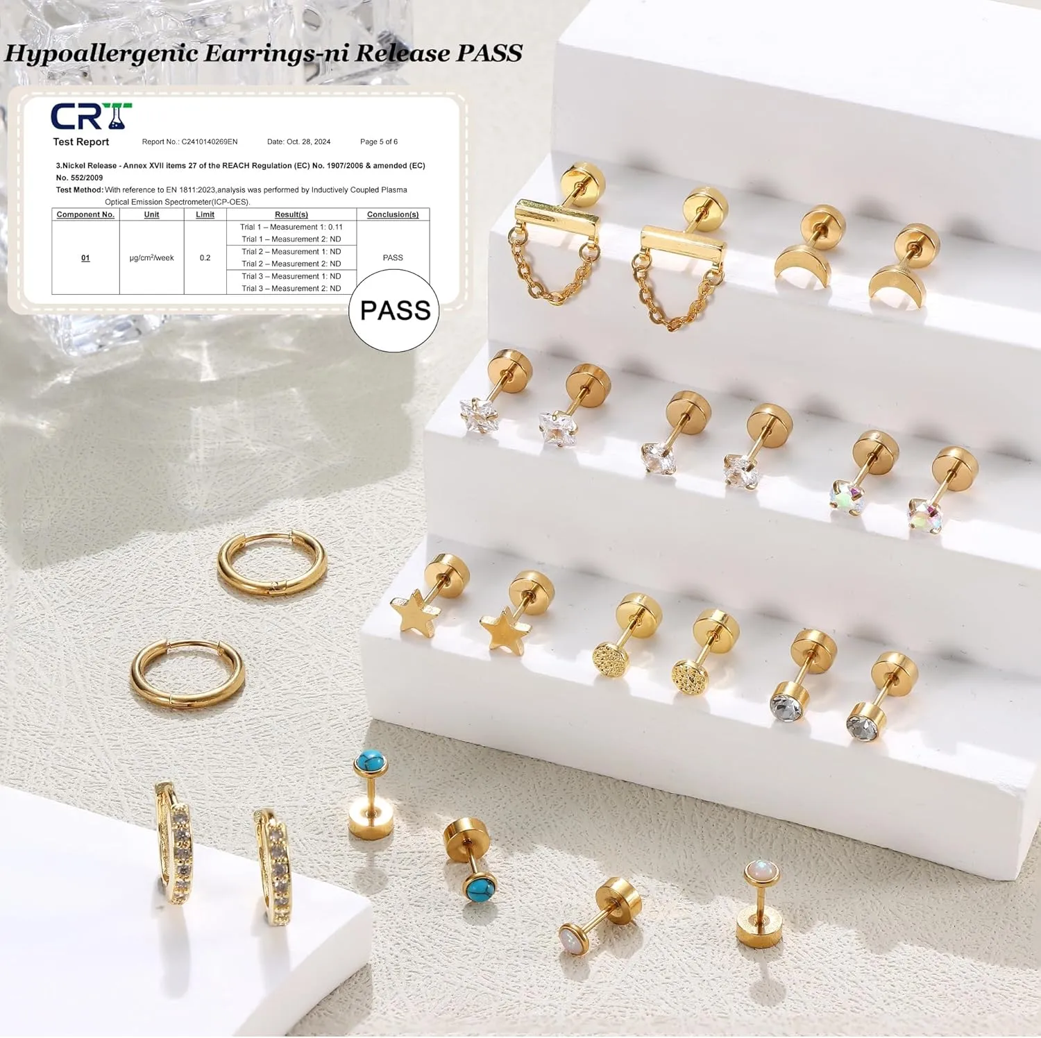 12 Pairs Flat Back Earrings for Women Conch Helix Cartilage Hoop Earrings Stainless Steel Earrings Set for Multiple Piercing 18K Gold Plated Opal Ball CZ Flat Back Stud Earrings