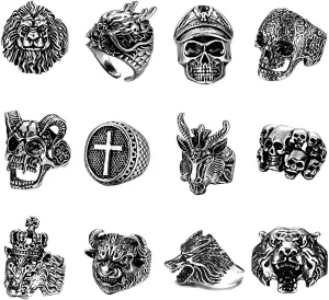 12 Pieces Vintage Punk Rings Set, Stainless Steel Gothic Biker Adjustable Rings Skeleton Skull Tiger Ring Drgon Lion Head Ring
