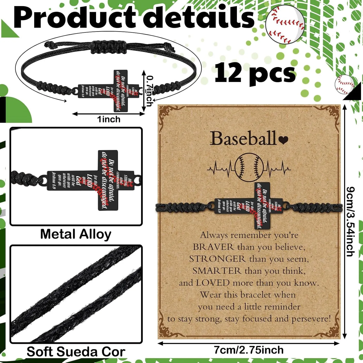 12 Set Softball Soccer Baseball Bracelets Gifts Adjustable Cross Charm Bracelets Softball Baseball Soccer Party Favor Team Gifts with Inspirational Cards for Teen Player Group Ball Lover
