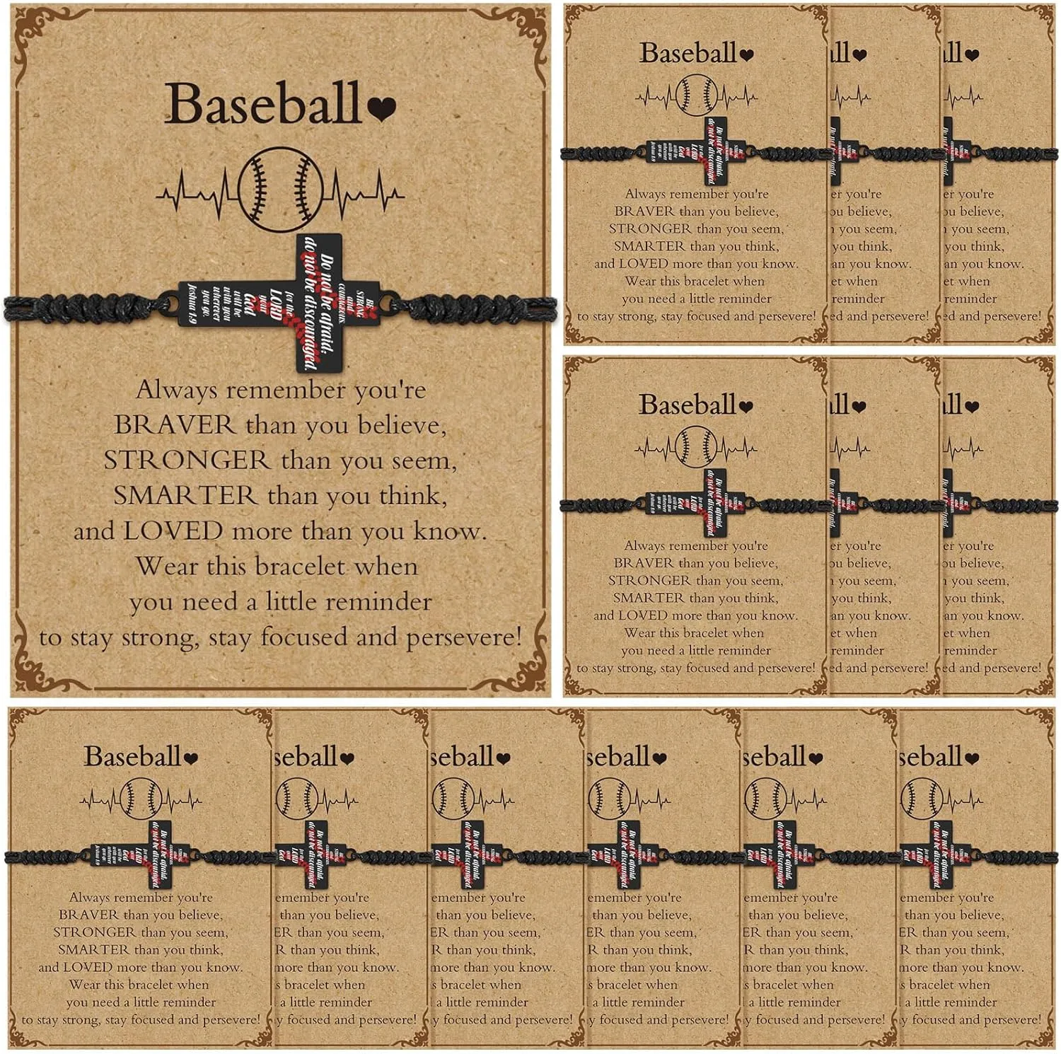 12 Set Softball Soccer Baseball Bracelets Gifts Adjustable Cross Charm Bracelets Softball Baseball Soccer Party Favor Team Gifts with Inspirational Cards for Teen Player Group Ball Lover