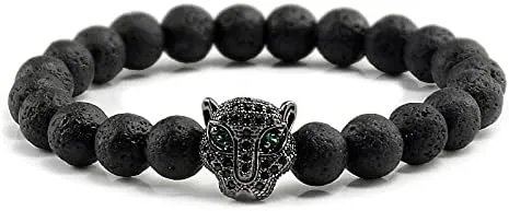 12 Style Bracelet Men Black Lava Healing Balance Beads Reiki Buddha Prayer Natural Stone Yoga Bracelet For Women Leopard Head BR2G8 (Black style 1)