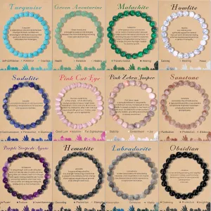 12PCS Crystal Stone Bracelets for Women Men Semi-Precious Gemstone Bracelets 8mm Round Beads Stretch Beaded Bracelet Jewelry Gifts