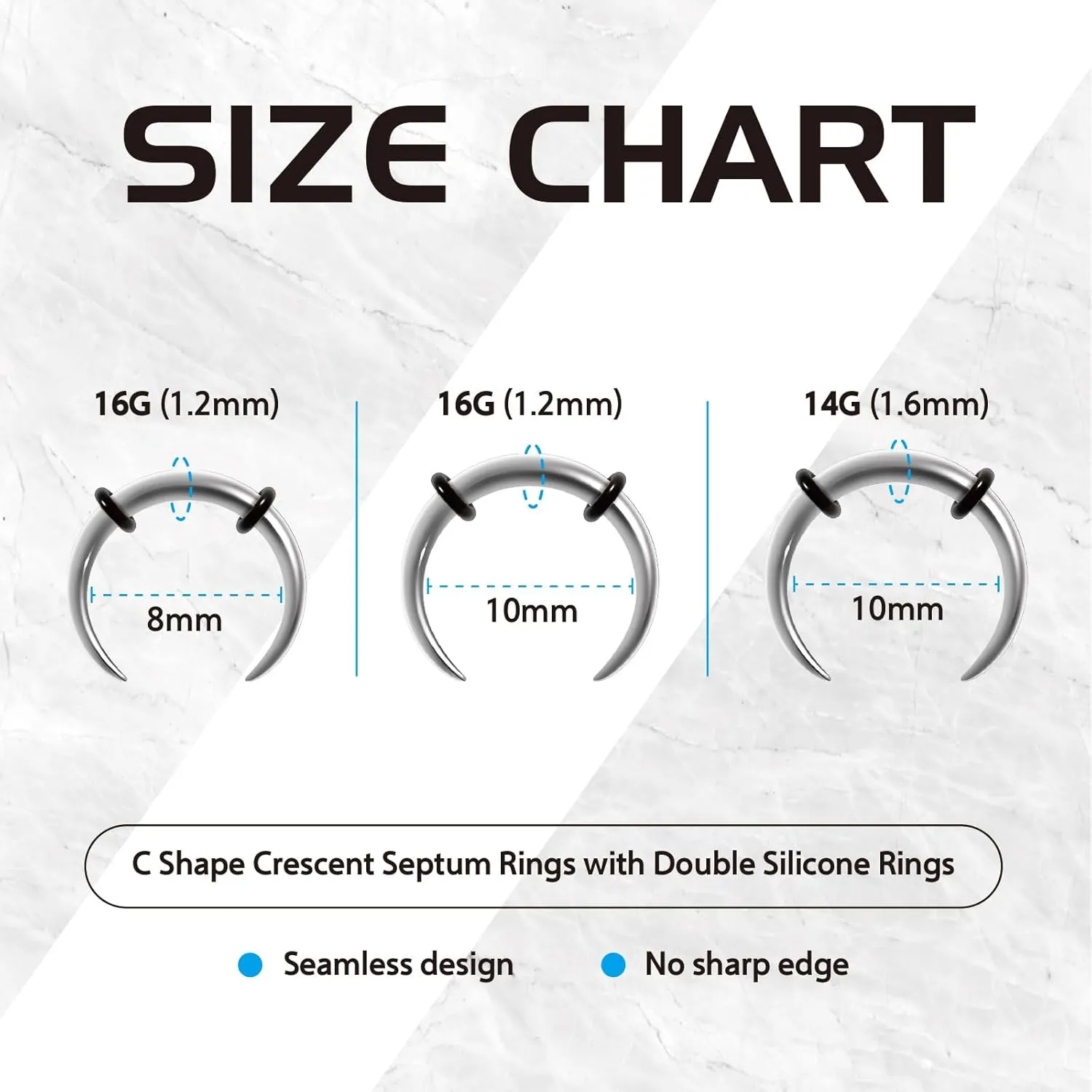 14G 16G 2Pcs Stainless Steel Pincher Septum Rings Tapers Ear Rings Crescent Tapers C Shape Buffalo Horseshoes Nose Rings O-Rings Hoops Body Piercing Jewelry Women Men