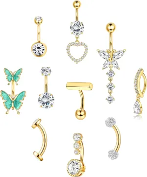 14G Belly Button Ring Stainless Steel Opal CZ Navel Piercing Belly Rings for Women Clicker Dangle Belly Button Piercing Jewelry Silver Gold
