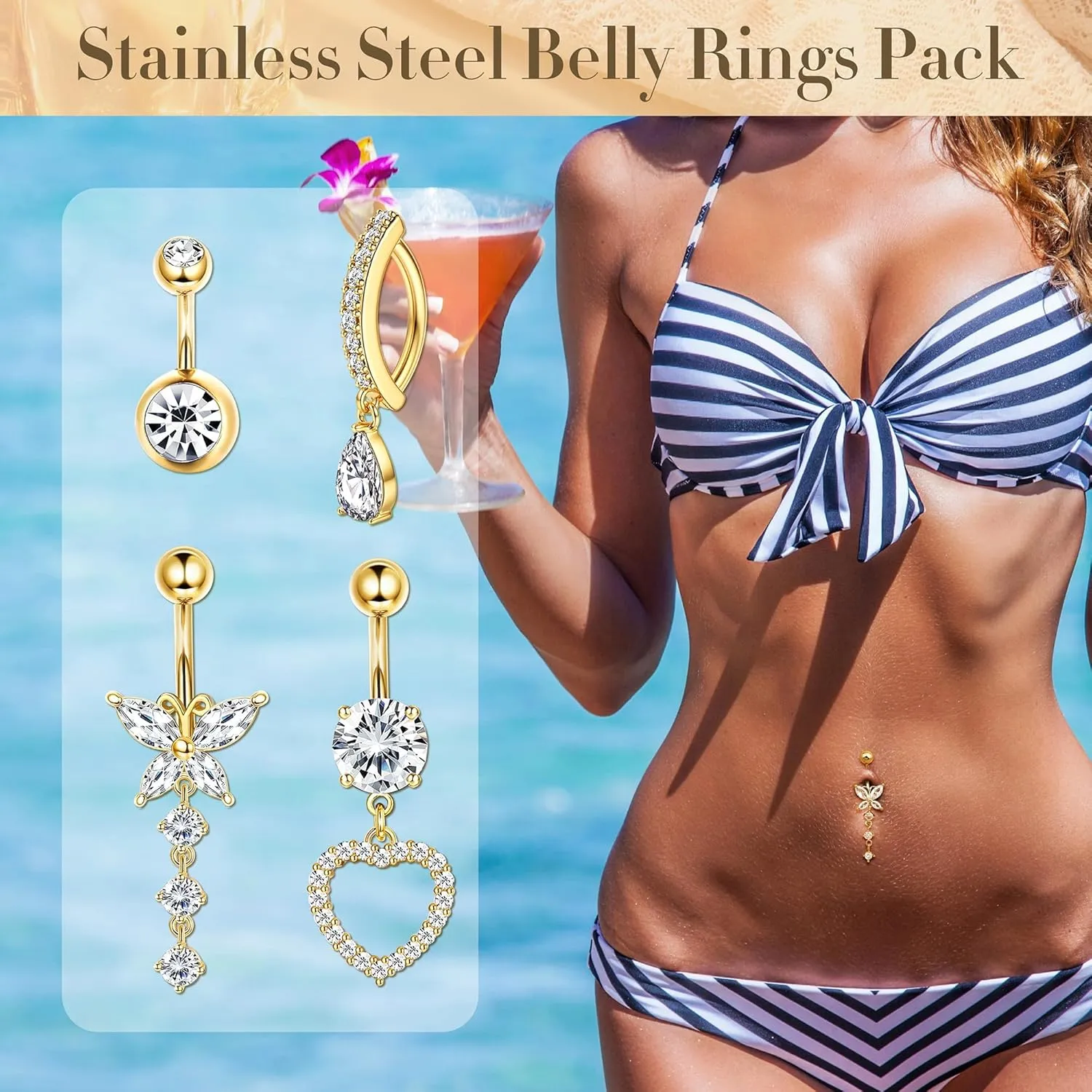 14G Belly Button Ring Stainless Steel Opal CZ Navel Piercing Belly Rings for Women Clicker Dangle Belly Button Piercing Jewelry Silver Gold
