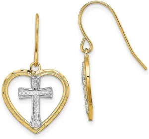 14k Gold 16mm Love Heart With White Religious Faith Cross In Center Wire Earrings 15.65x16.3mm Wide Stud Earring for Women
