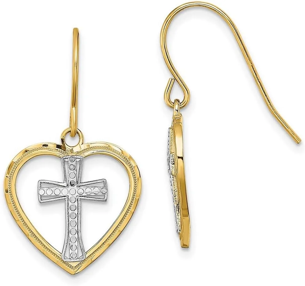 14k Gold 16mm Love Heart With White Religious Faith Cross In Center Wire Earrings 15.65x16.3mm Wide Stud Earring for Women