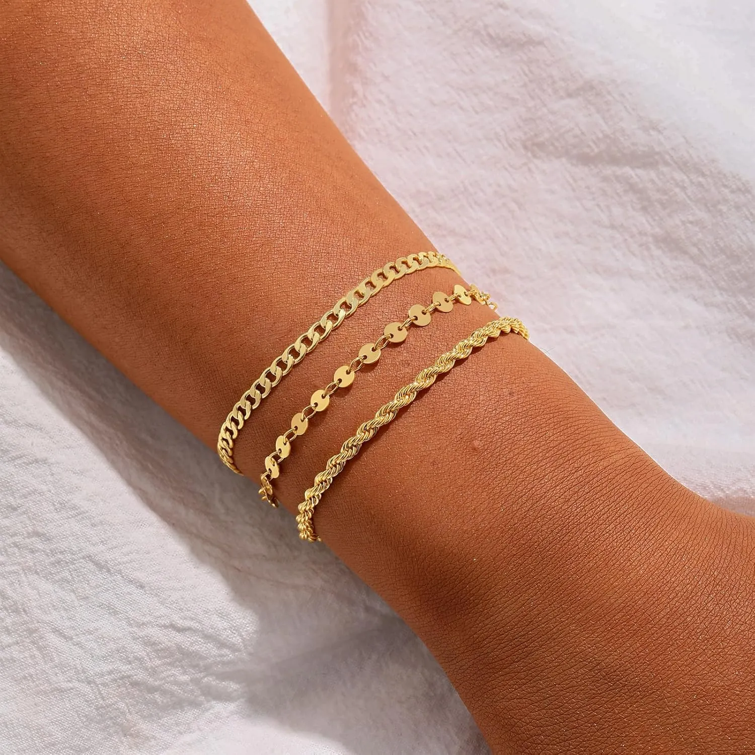 14K Gold Bracelets for Women Dainty Waterproof Jewelry Set Minimalist Stackable Herringbone Cuban Chain Fashion Charm Gold Bracelets Trendy Accessories for Gifts