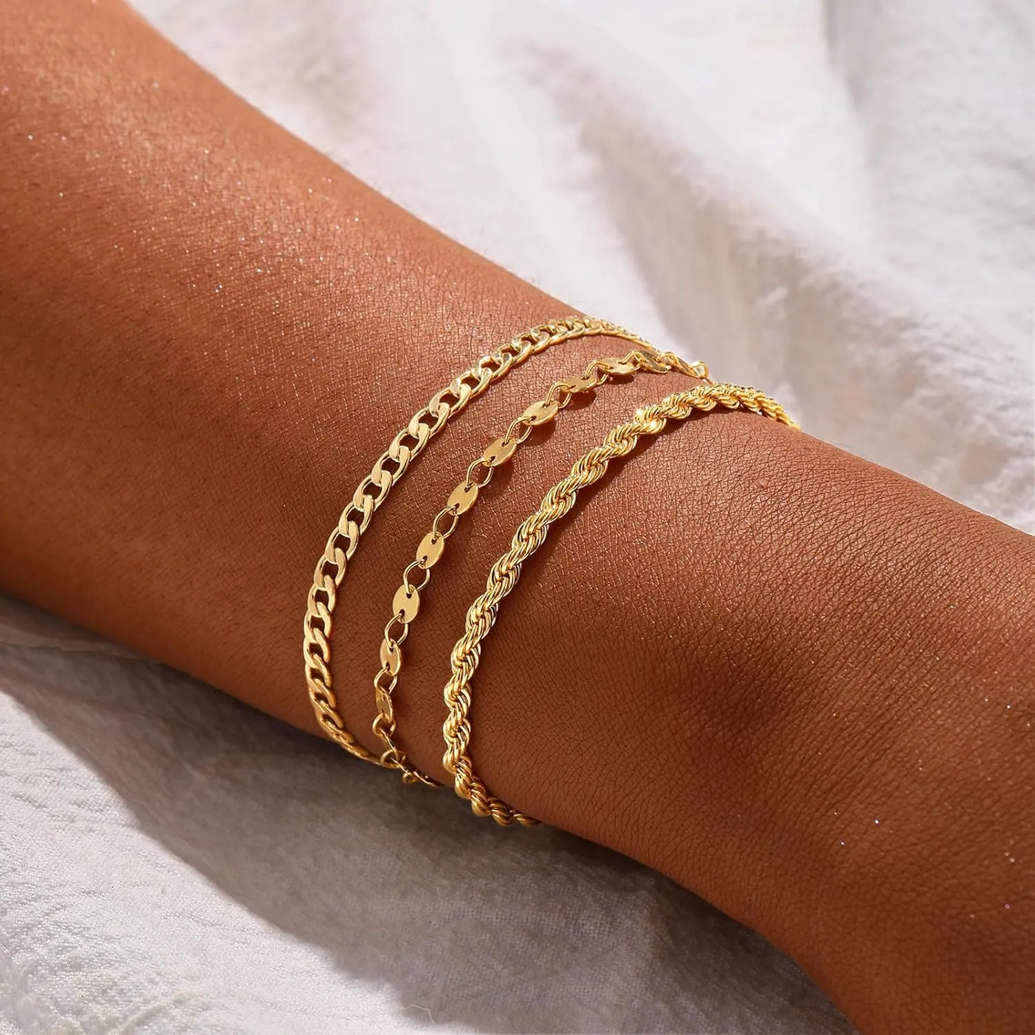 14K Gold Bracelets for Women Dainty Waterproof Jewelry Set Minimalist Stackable Herringbone Cuban Chain Fashion Charm Gold Bracelets Trendy Accessories for Gifts