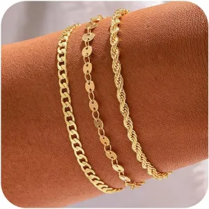 14K Gold Bracelets for Women Dainty Waterproof Jewelry Set Minimalist Stackable Herringbone Cuban Chain Fashion Charm Gold Bracelets Trendy Accessories for Gifts
