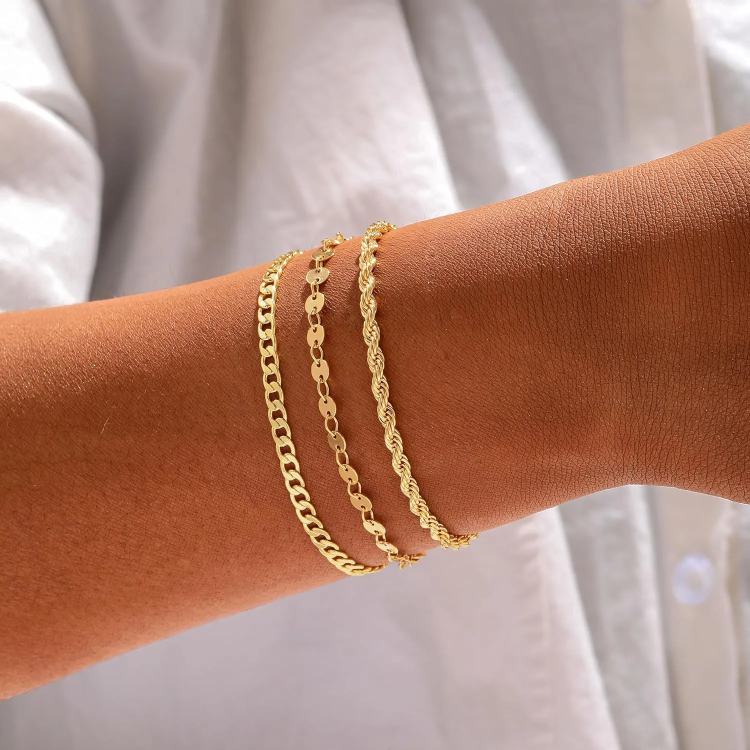 14K Gold Bracelets for Women Dainty Waterproof Jewelry Set Minimalist Stackable Herringbone Cuban Chain Fashion Charm Gold Bracelets Trendy Accessories for Gifts