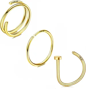 14K Gold Filled Nose Rings Hoop 20G D-Shaped Nose Rings Double Hoop Nose Ring 3Pcs Thin Nose Hoops Hypoallergenic Half Hoop 6mm/8mm/10mm Piercing Hoops Jewelry