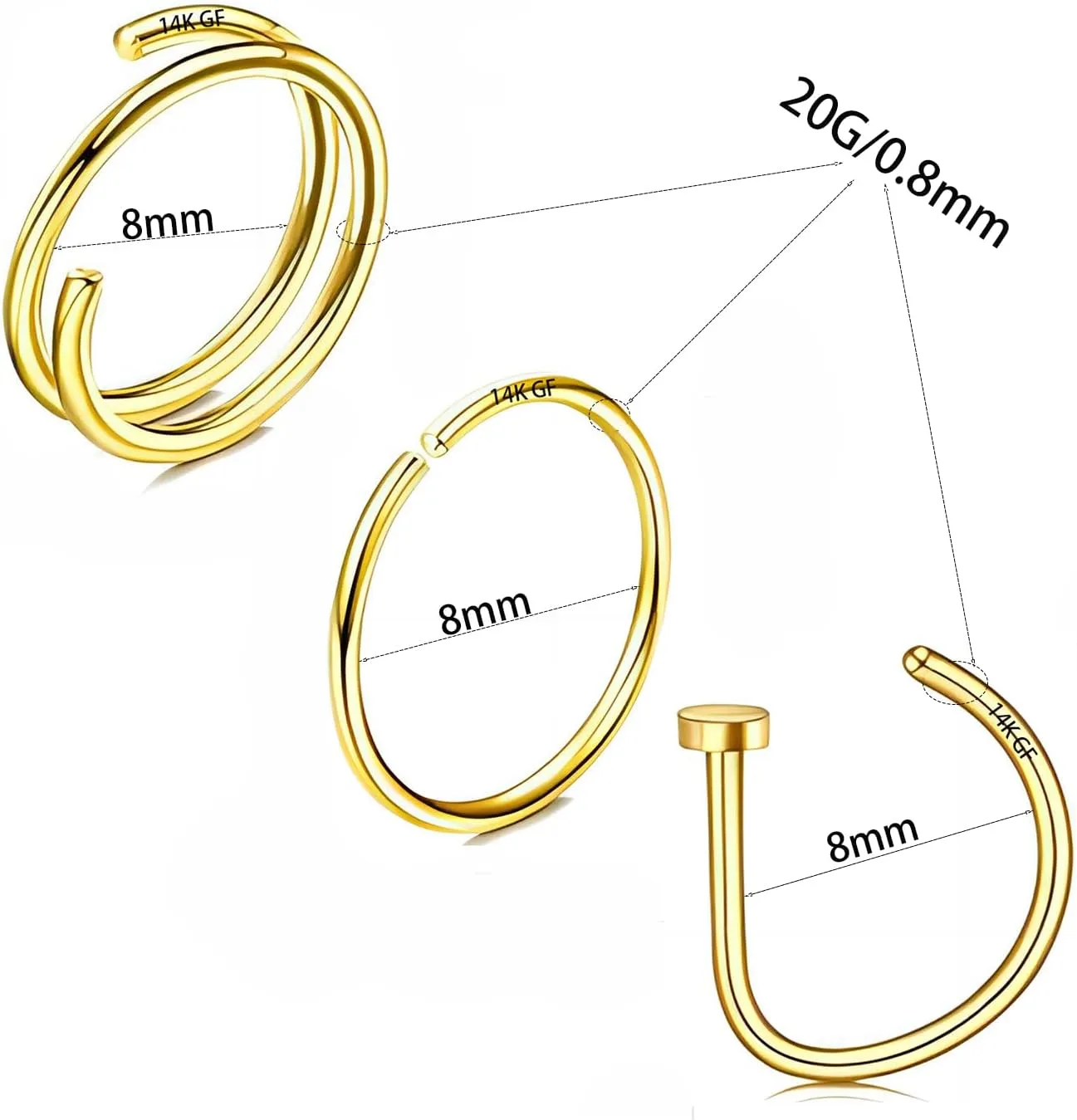 14K Gold Filled Nose Rings Hoop 20G D-Shaped Nose Rings Double Hoop Nose Ring 3Pcs Thin Nose Hoops Hypoallergenic Half Hoop 6mm/8mm/10mm Piercing Hoops Jewelry