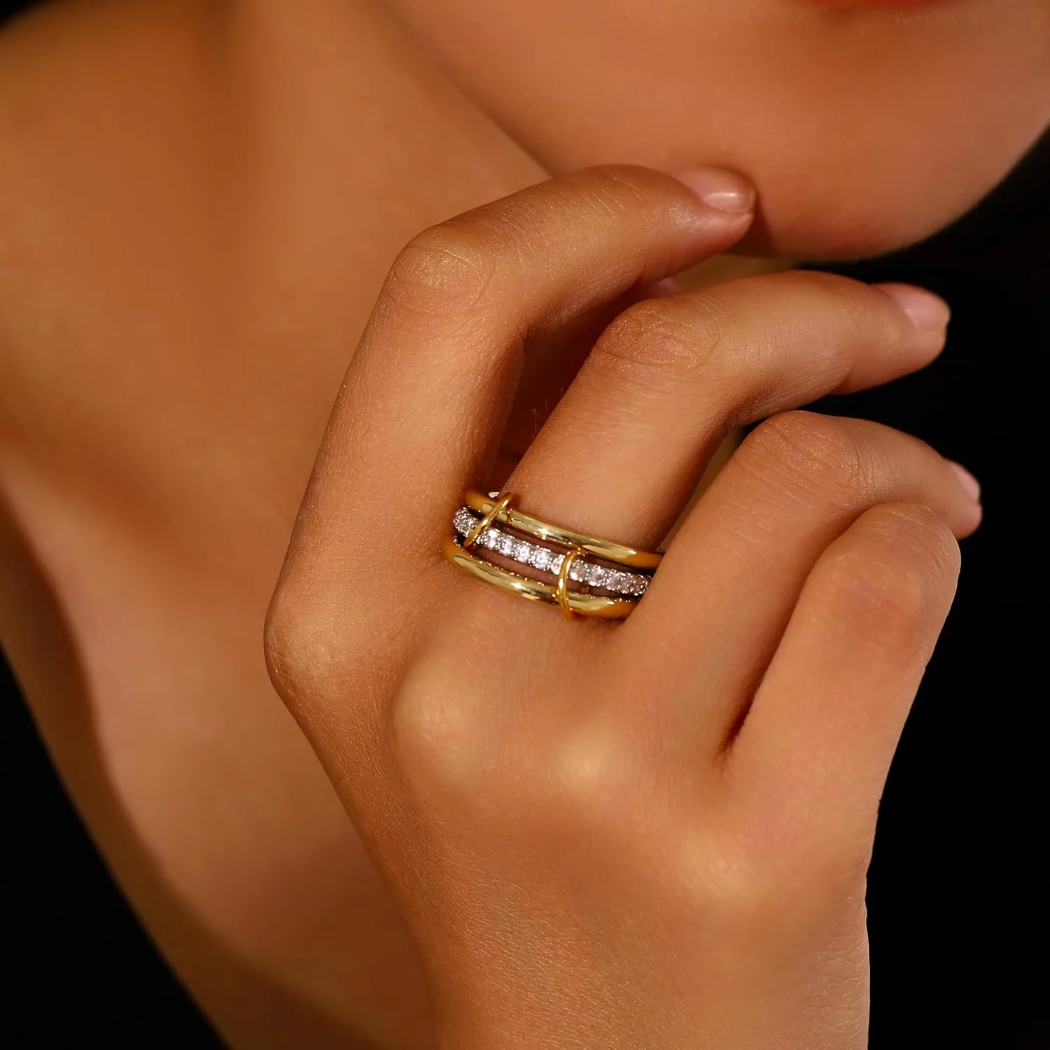 14K Gold Plated Interlocked Stackable Rings for Women Non Tarnish,Gold and Silver Cubic Zirconia Statement Rings Set,Mixed Metals Ring Two-Toned Connected Bands Stacking Jewelry