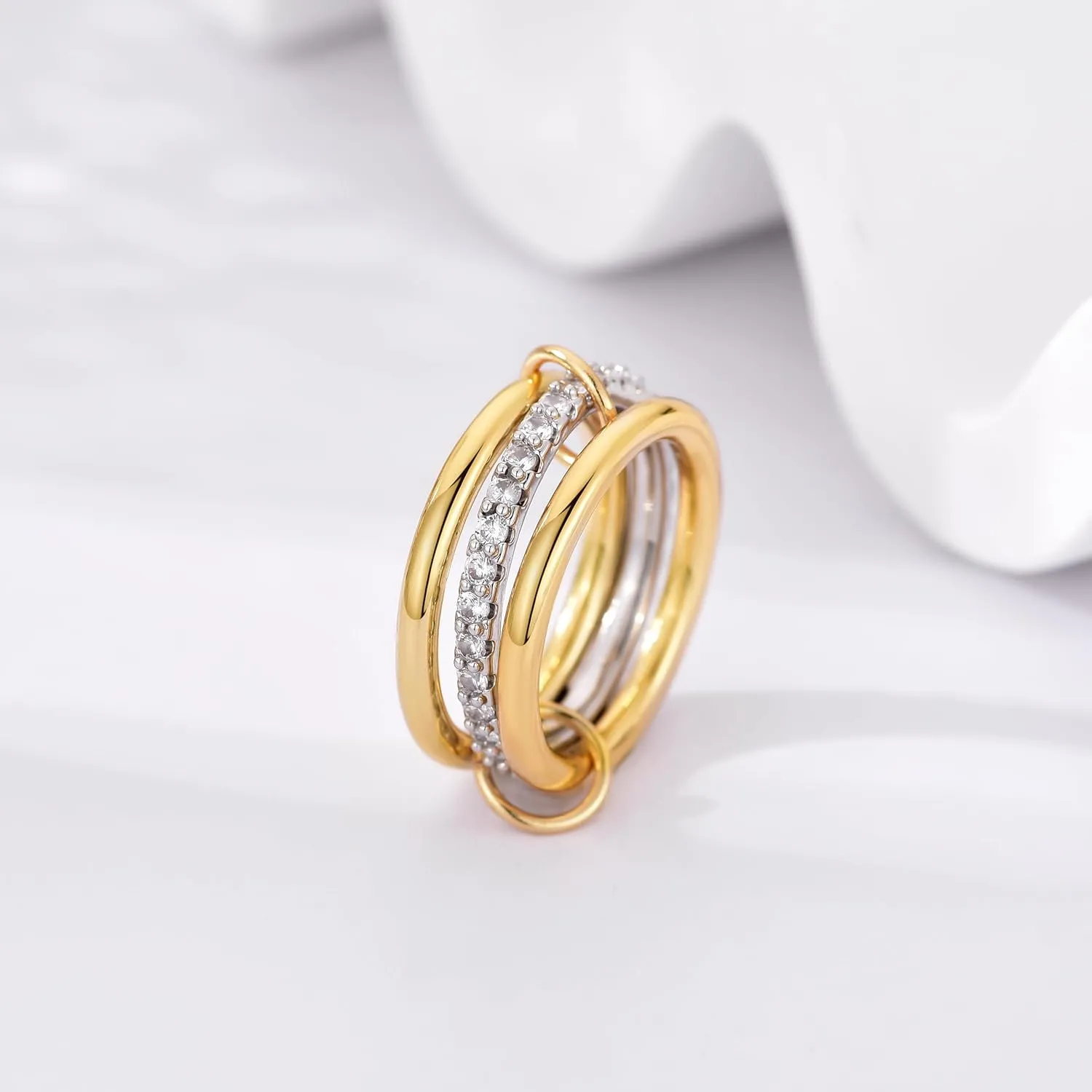 14K Gold Plated Interlocked Stackable Rings for Women Non Tarnish,Gold and Silver Cubic Zirconia Statement Rings Set,Mixed Metals Ring Two-Toned Connected Bands Stacking Jewelry