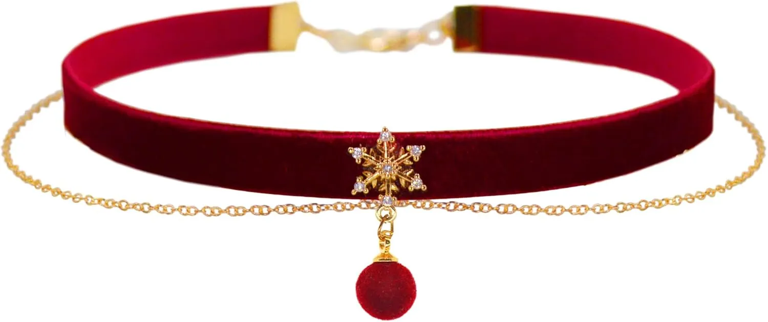 14K Gold Plated Snowflake Red Velvet Ball Pendant Double Layered Choker Necklace for Women 90s Chokers Cute Goth Chocker Costume Chockers Holiday Accessories