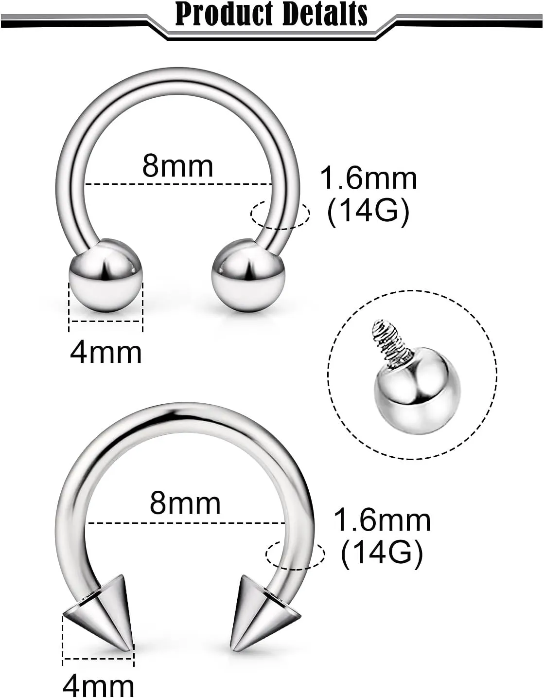 16G 14G 12G G23 Titanium Septum Rings Implant Grade Septum Piercings Horseshoes Lip Eyebrow Nose Ring Medical Cartilage Tragus Helix Rook Hoop Earring Piercing Jewelry for Women Men 8mm 10mm