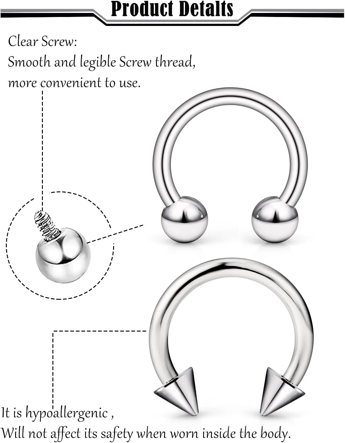 16G 14G 12G G23 Titanium Septum Rings Implant Grade Septum Piercings Horseshoes Lip Eyebrow Nose Ring Medical Cartilage Tragus Helix Rook Hoop Earring Piercing Jewelry for Women Men 8mm 10mm