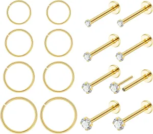 16Pcs 18G 20G 316L Stainless Steel Threadless Push in Nose Rings Studs for Women Men Nose Rings Hoop Nose Piercing Jewelry CZ 1.5-3mm