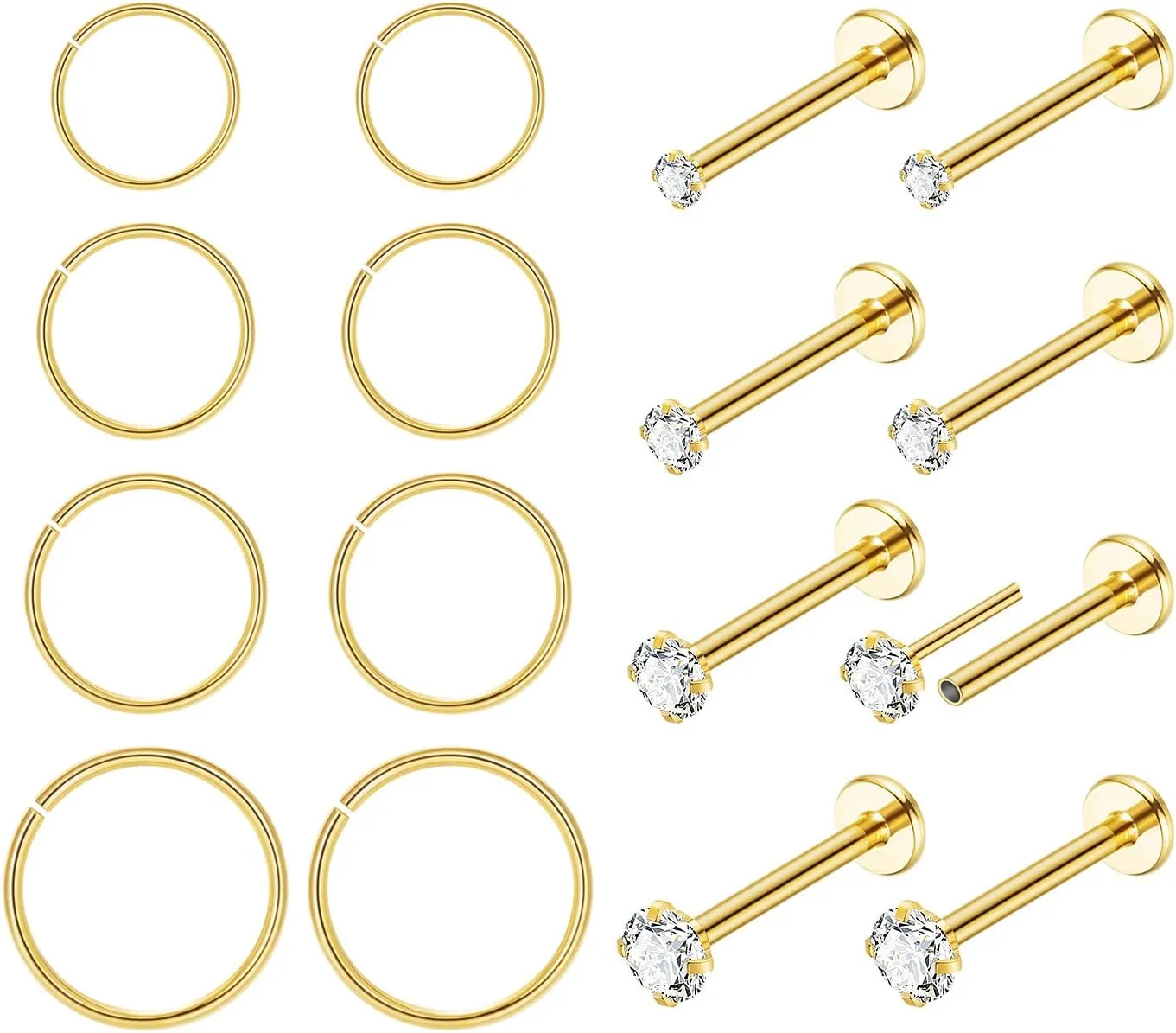 16Pcs 18G 20G 316L Stainless Steel Threadless Push in Nose Rings Studs for Women Men Nose Rings Hoop Nose Piercing Jewelry CZ 1.5-3mm