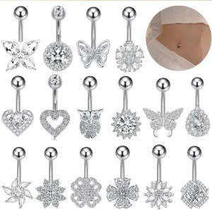 16Pcs Belly Button Rings Dangle Surgical Steel Navel Rings Cubic Zirconia Belly Piercing Jewelry Belly Dangle Rings for Women