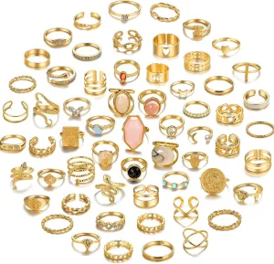 17KM 60 Pcs Gold Stacks Ring Sets for Women Non Tarnish, Dainty Vintage Stackable Rings Pack, Finger Midi Knuckle Rings for Jewelry Gift