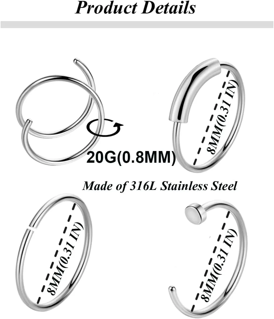 18 Pcs 18G 20G 22G Surgical Steel Nose Rings Hoop for Women Men Nose Studs Double Nose Ring Set Nostril Piercing Jewelry