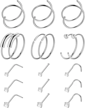 18 Pcs 18G 20G 22G Surgical Steel Nose Rings Hoop for Women Men Nose Studs Double Nose Ring Set Nostril Piercing Jewelry