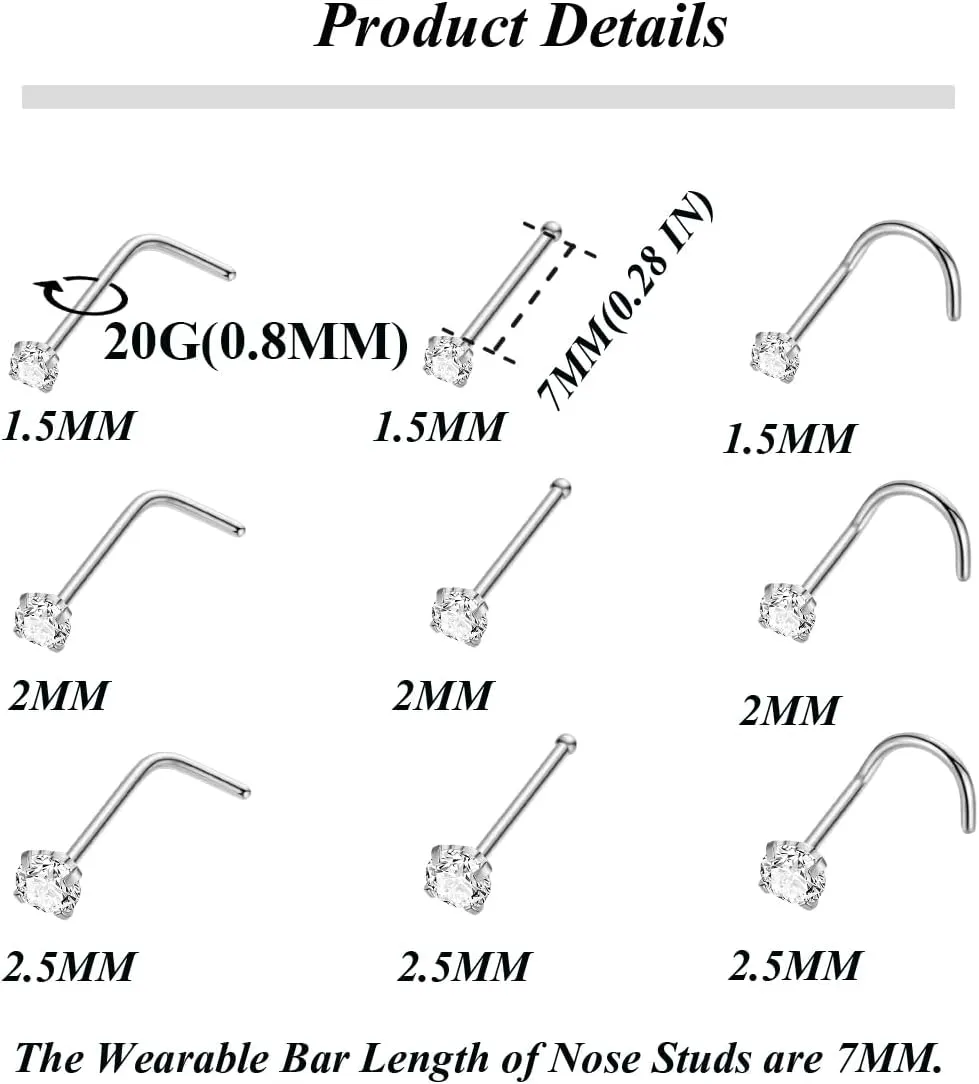 18 Pcs 18G 20G 22G Surgical Steel Nose Rings Hoop for Women Men Nose Studs Double Nose Ring Set Nostril Piercing Jewelry
