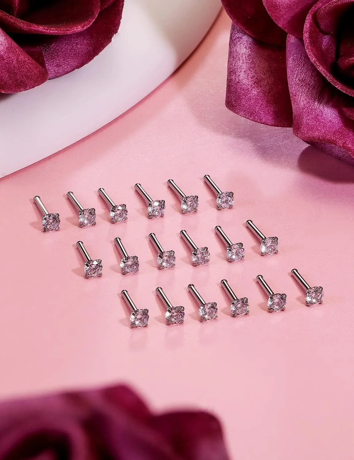 18G 20G 22G Nose Rings Studs with Cubic Zirconia 316L Surgical Steel Straight Screw L Shaped Nose Studs Piercing Jewelry for Women Men Girl CZ 1.5mm 2mm 2.5mm 3mm 20Pcs
