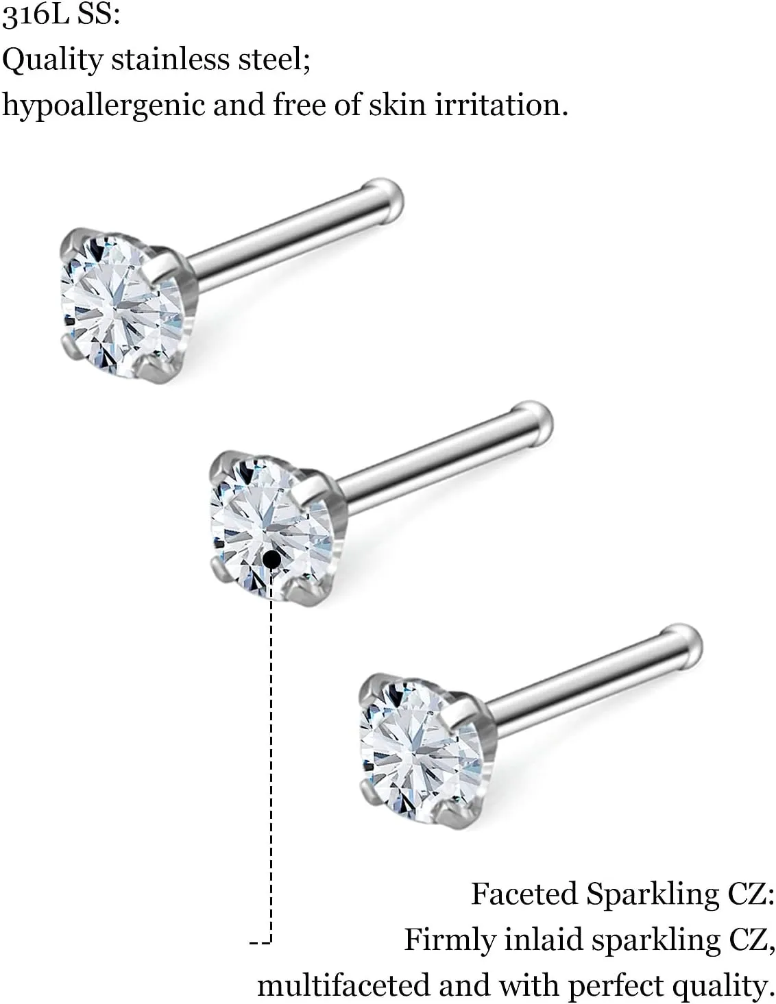 18G 20G 22G Nose Rings Studs with Cubic Zirconia 316L Surgical Steel Straight Screw L Shaped Nose Studs Piercing Jewelry for Women Men Girl CZ 1.5mm 2mm 2.5mm 3mm 20Pcs