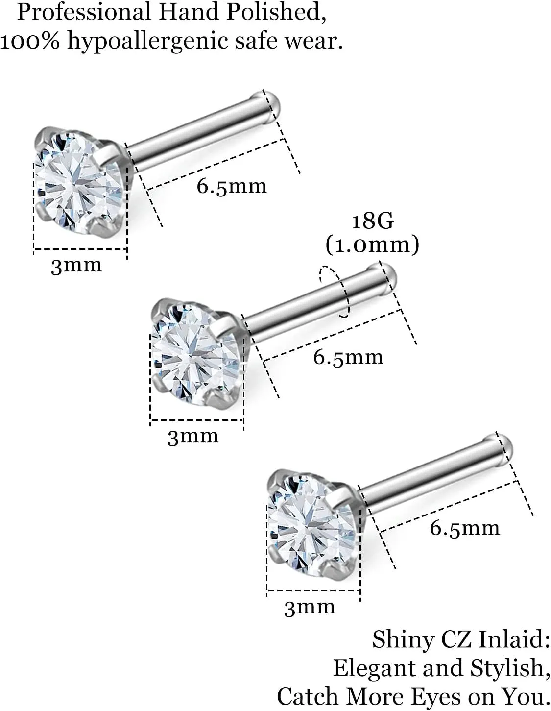 18G 20G 22G Nose Rings Studs with Cubic Zirconia 316L Surgical Steel Straight Screw L Shaped Nose Studs Piercing Jewelry for Women Men Girl CZ 1.5mm 2mm 2.5mm 3mm 20Pcs