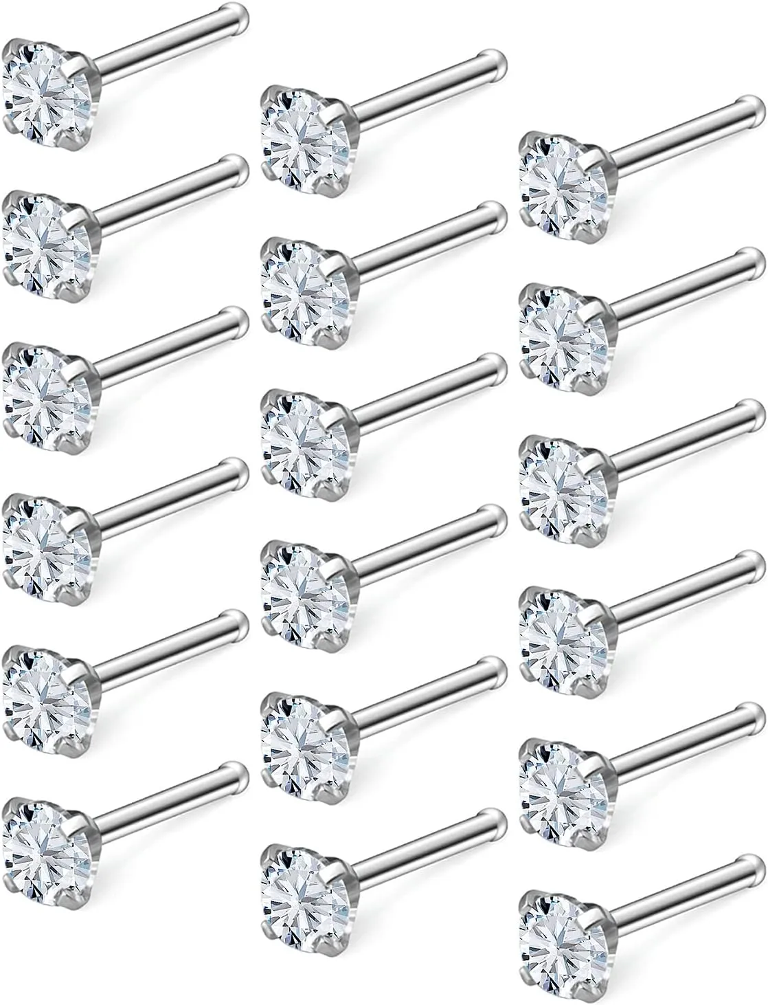 18G 20G 22G Nose Rings Studs with Cubic Zirconia 316L Surgical Steel Straight Screw L Shaped Nose Studs Piercing Jewelry for Women Men Girl CZ 1.5mm 2mm 2.5mm 3mm 20Pcs