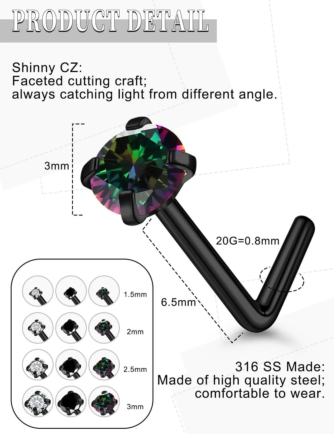18G 20G Black Nose Rings Studs Piercing Jewelry for Women 316L Surgical Steel L Shaped Screw Straight Diamond CZ Nose Rings Studs Nostril Piercing Jewelry for Women Men Hypoallergenic