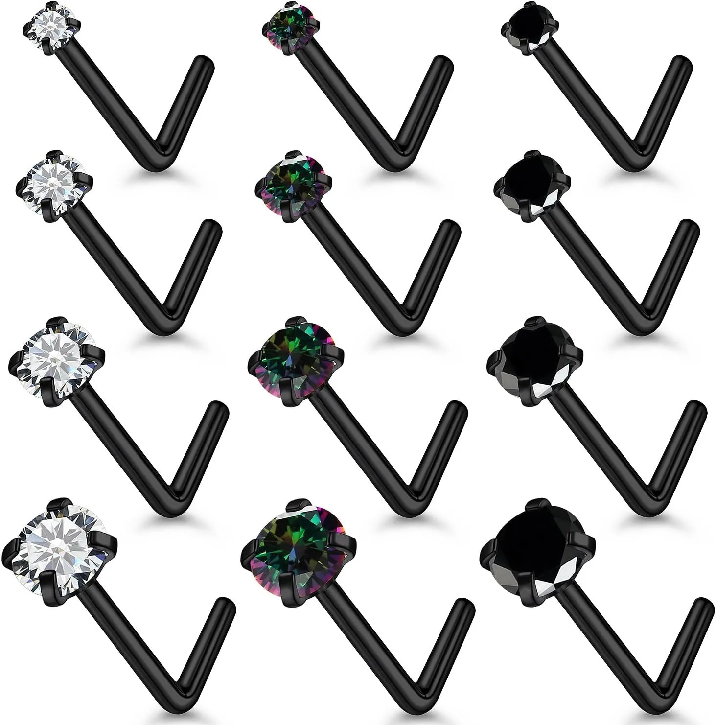 18G 20G Black Nose Rings Studs Piercing Jewelry for Women 316L Surgical Steel L Shaped Screw Straight Diamond CZ Nose Rings Studs Nostril Piercing Jewelry for Women Men Hypoallergenic