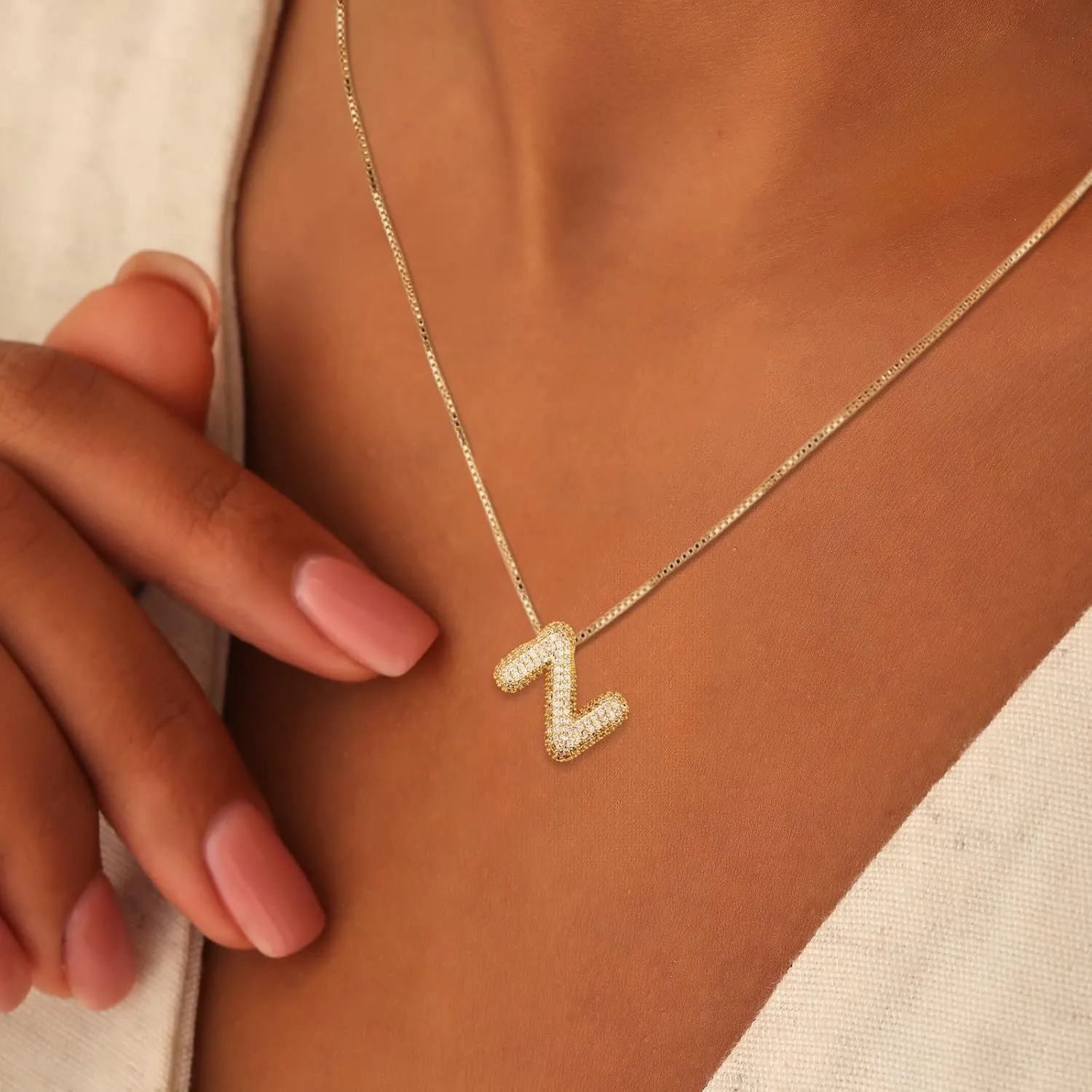 18K Bubble Letter Necklace Gold for Women, Initial Necklaces Rhinestone Chunky Bubble Letter Necklace as Birthday Gifts Charm Puff Name Pendant Alphabet Necklaces Non Tarnish Gold Plated Jewelry