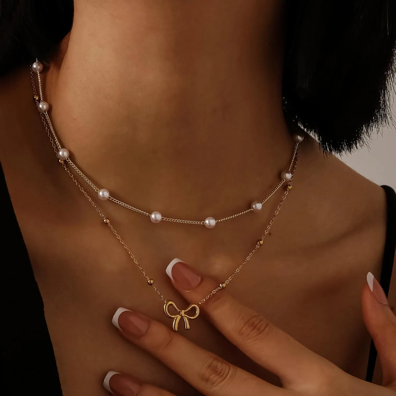 18K Gold Plated Satellite Pearl & Bow Pendant Necklace for Women, Adjustable Layered Choker Chain Jewelry, Mini Gold Pearl Necklace Gift