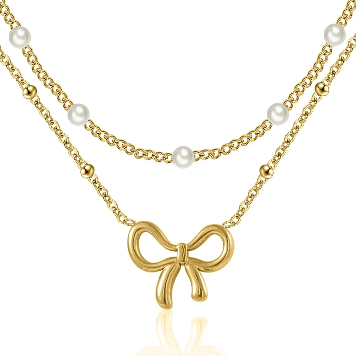 18K Gold Plated Satellite Pearl & Bow Pendant Necklace for Women, Adjustable Layered Choker Chain Jewelry, Mini Gold Pearl Necklace Gift