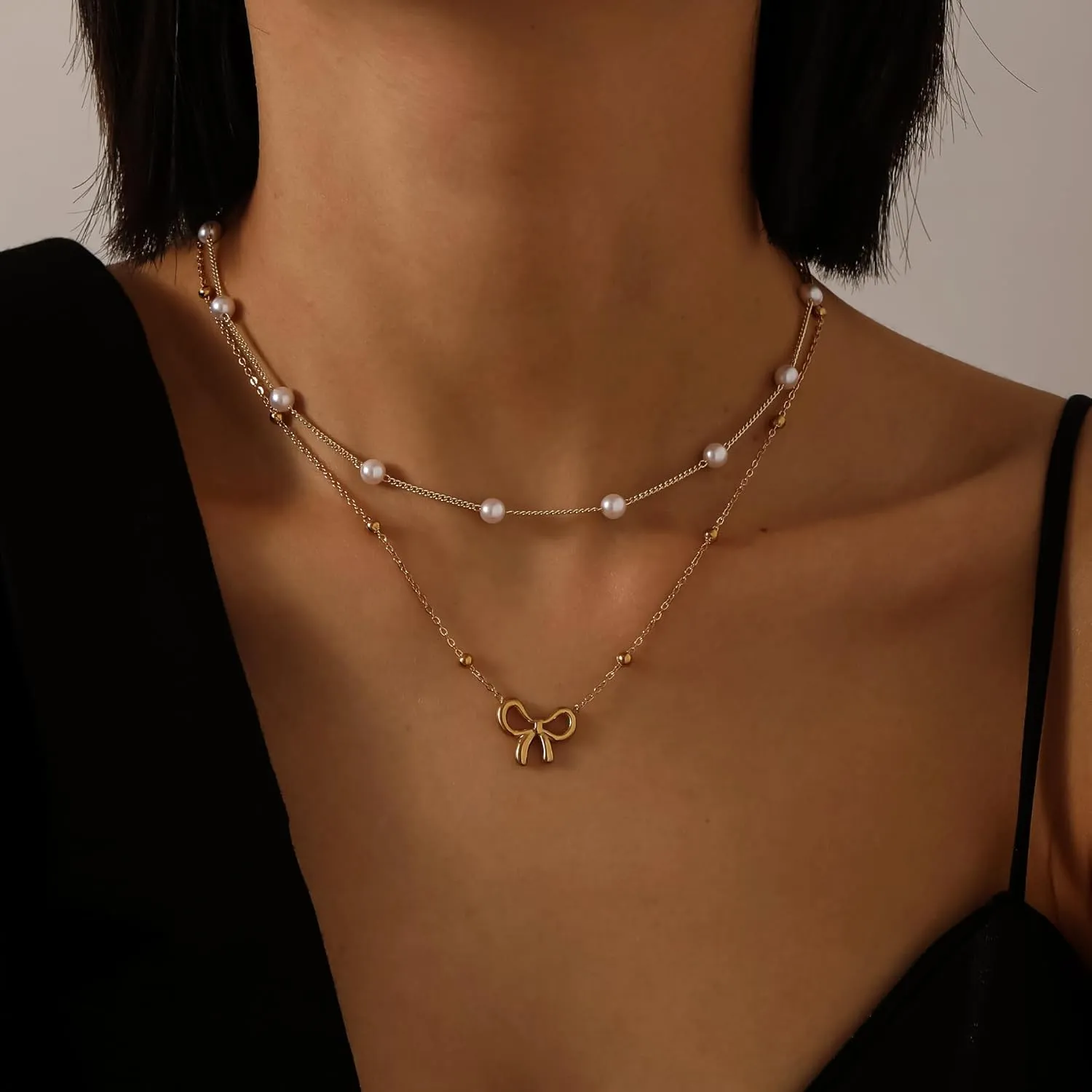 18K Gold Plated Satellite Pearl & Bow Pendant Necklace for Women, Adjustable Layered Choker Chain Jewelry, Mini Gold Pearl Necklace Gift