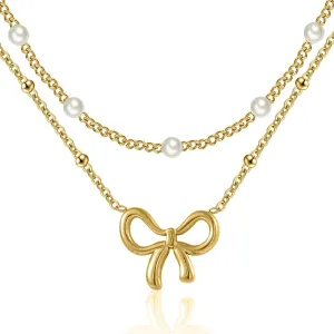 18K Gold Plated Satellite Pearl & Bow Pendant Necklace for Women, Adjustable Layered Choker Chain Jewelry, Mini Gold Pearl Necklace Gift
