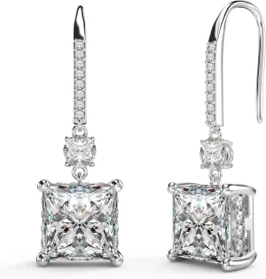18K White Gold Plated Sterling Silver Princess Cut Cubic Zirconia Dangle Earrings for Women Square CZ Diamond Drop Dangling Earrings for Mom Formal Wedding Earrings for Women Bride