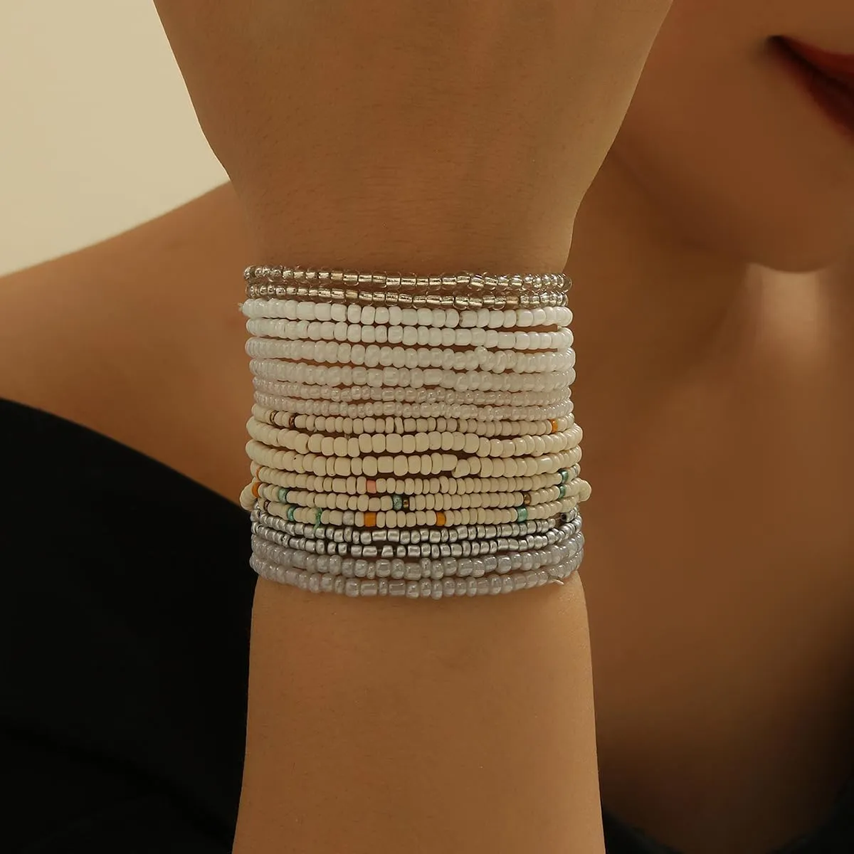 18PCS Bohemian Stackable Crystal Beaded Bracelets Set Handmade Multilayer Colorful Beads Stretch Bracelets Beach Holiday Boho Jewelry