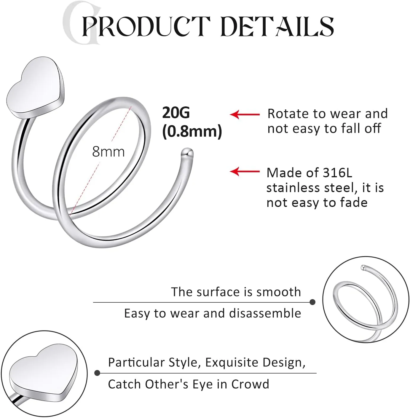 1PCS 20G 316L Surguial Steel Septum Studs Rings Septum Piercing Jewelry Silver Black Hoop Rings Helix Studs Screws Nose Rings Septum Rings for Women