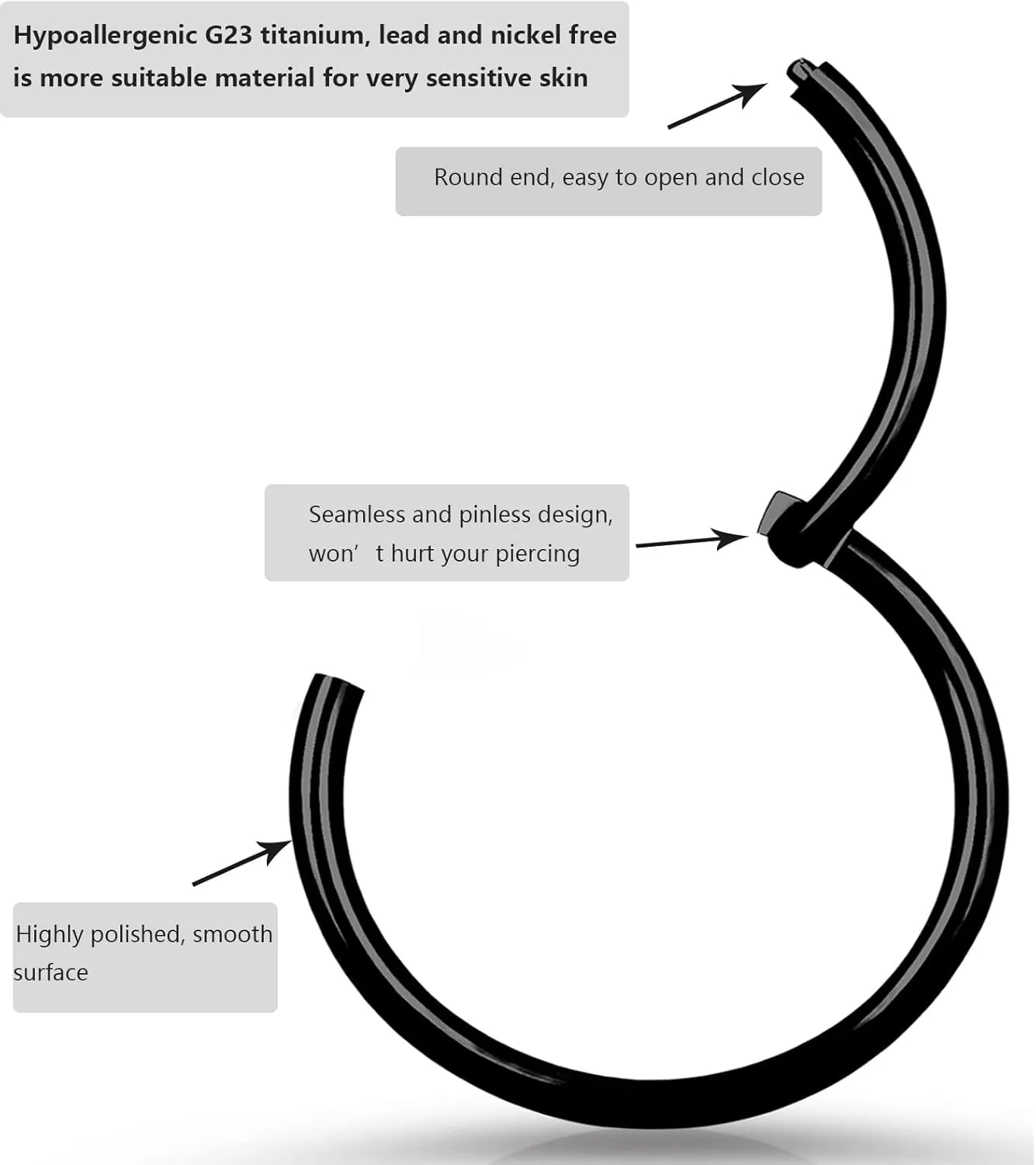 1pcs Women Men Titanium Hinged Nose Rings Hoop 20G 18G 16G Clicker Hoop for Nostril Septum Cartilage Helix Daith Tragus Rook Conch Lip Ear Lobe Piercings 6mm/7mm/8mm/9mm/10mm/12mm Silver-Gold-Rose Gold-Black