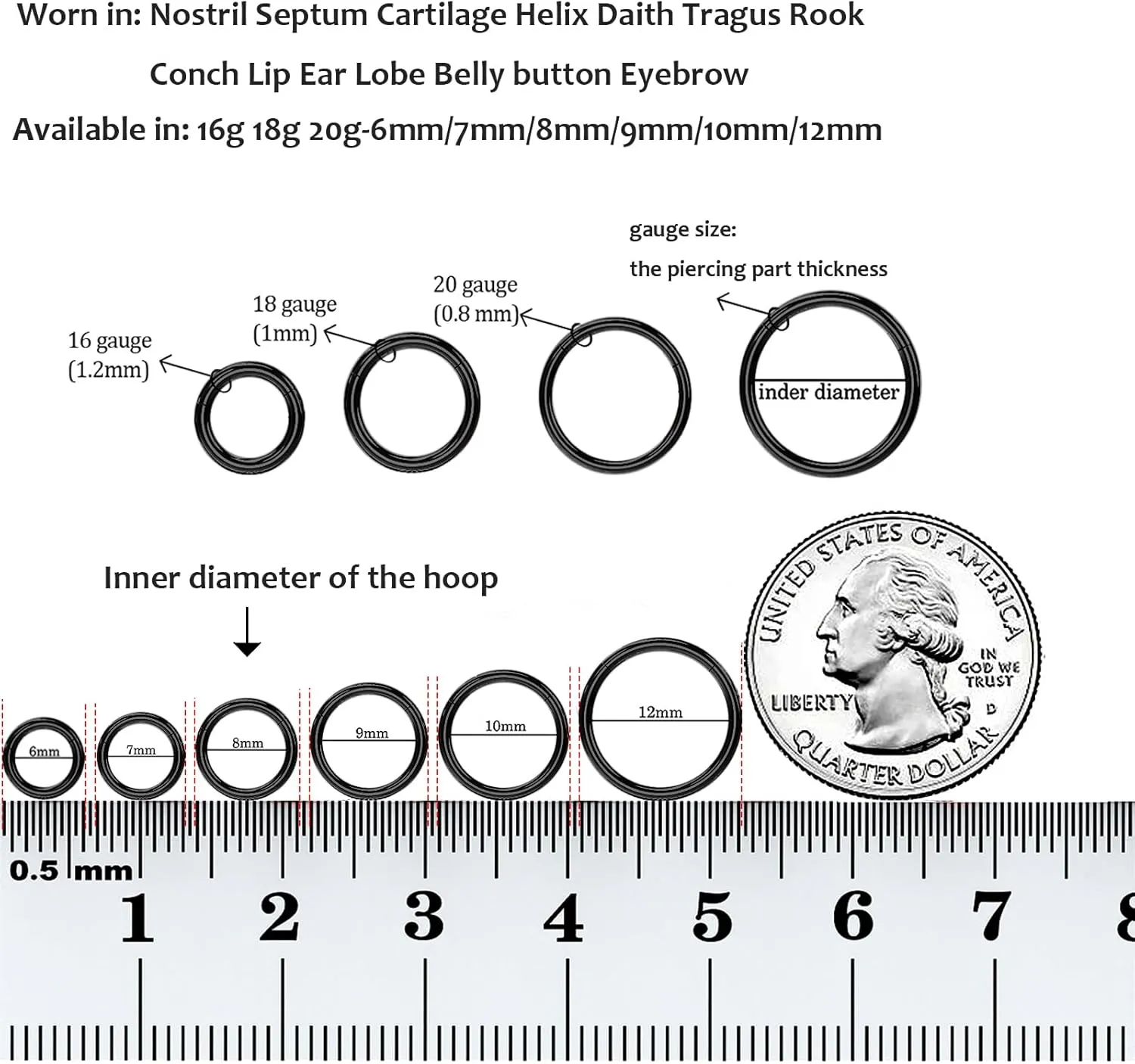 1pcs Women Men Titanium Hinged Nose Rings Hoop 20G 18G 16G Clicker Hoop for Nostril Septum Cartilage Helix Daith Tragus Rook Conch Lip Ear Lobe Piercings 6mm/7mm/8mm/9mm/10mm/12mm Silver-Gold-Rose Gold-Black